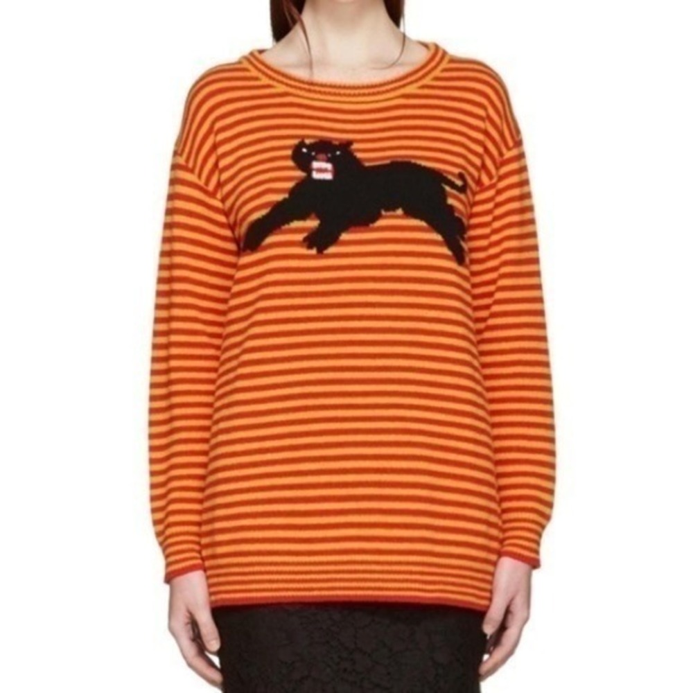 Gucci Red & Yellow Intarsia Wool Puma Knit Striped Crewneck Sweater Size M NWT